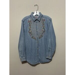 Vintage Bill Blass Jeans Denim Shirt S Floral Embroidered Western Cottagecore